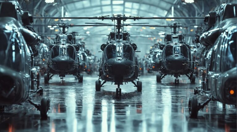 Row military helicopters parked hangar are black color Military